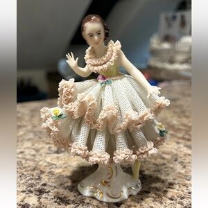 Antique Dresden (R Crown) Lace Ballerina Dancing Figurine, Germany 9853, 4.5”